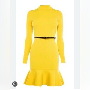 Karen Millen Small Bright Yellow Peplum Knit Ribbed Belted Dress Small